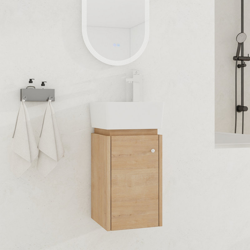 Vanyo 12'' Wall Mounted & Corner Single Bathroom Vanity with Ceramic Top, Imitative Oak
