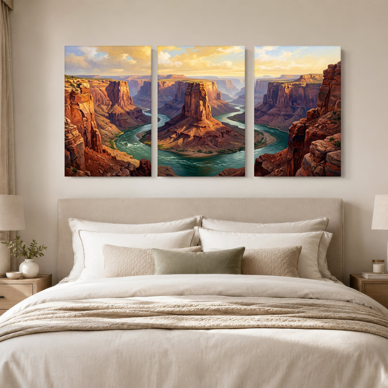 Ensemble de 3 toiles murales représentant une rivière sinueuse traversant un canyon de roches rouges au coucher du soleil