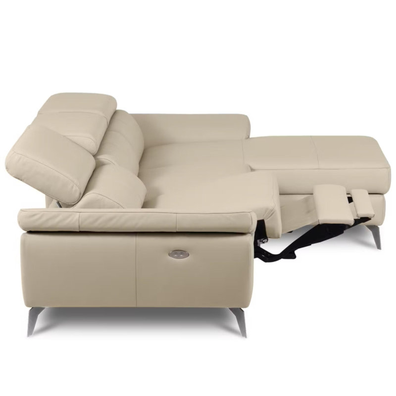 Milton Keynes Italian Leather Electric Reclining Corner Sofa with Adjustable Headrests and Adjustable Armrests, Beige