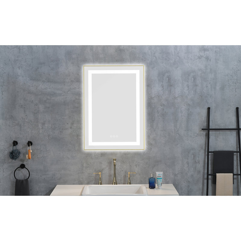 Miroir de salle de bain 20 po x 28 po à DEL avec façade et rétroéclairage, miroir de meuble-lavabo mural avec cadre en aluminium, antibuée, mémoire, 3 couleurs, gradation continue