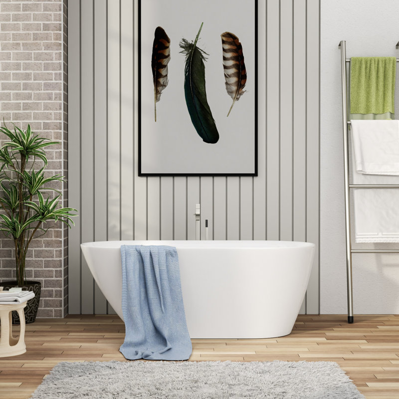 Freestanding Soaking Acrylic Bathtub with Pop Up Drain and Overflow Hole, 59" L x 29.5" W, Center-Back