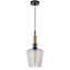 Luminaire suspendu, abat-jour rond en verre fumé, accent de bois brun, métal noir