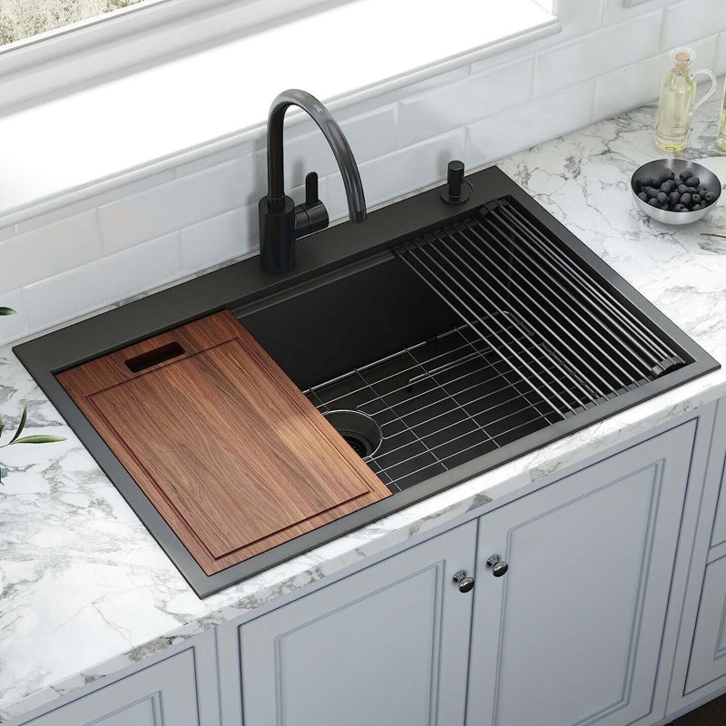 36Inch Gunmetal Black Kitchen Basin - 16 Gauge Stainless Steel With Noise Dampening Coating And Sloped Base Sink - X-Shaped Drain