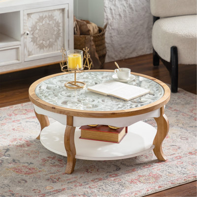 Table basse ronde de 80 cm avec rangement ouvert - Bois massif et MDF + plateau en verre trempé, style table basse à 2 niveaux pour salon (finition bois blanc et naturel)