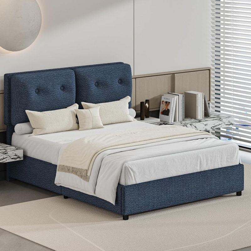 Bed Frames with Headboard, Boucle Bed Frame with Upholstered Headboard, Removable Upholstery, Wooden Slats Support, No Box Spring Needed
