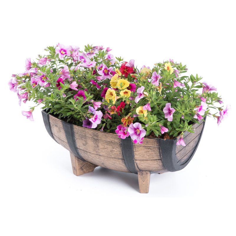 Rustic Brown and Black Plastic Half Barrel Planter Set