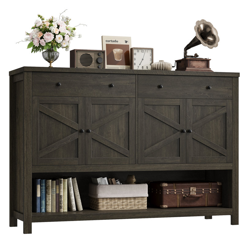 55.1"W Sideboard Buffet With Open Shelf And Drawers, Dark Brown