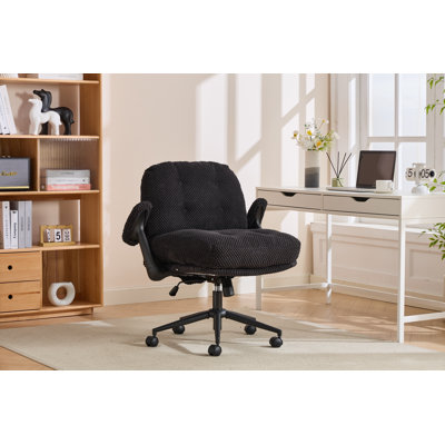 Cross Legged Office Chair with Flip-Up Arms, Adjustable Height Swivel Desk Chair, Wider & Thickened Cushion Ergonomic Rolling Chair for Home Office, Vanity, Study,Black.