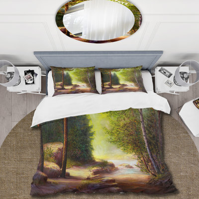 Ensemble de housse de couette Morning Sunlight Through The Spring Trees - Lake House - Microfibre de polyester