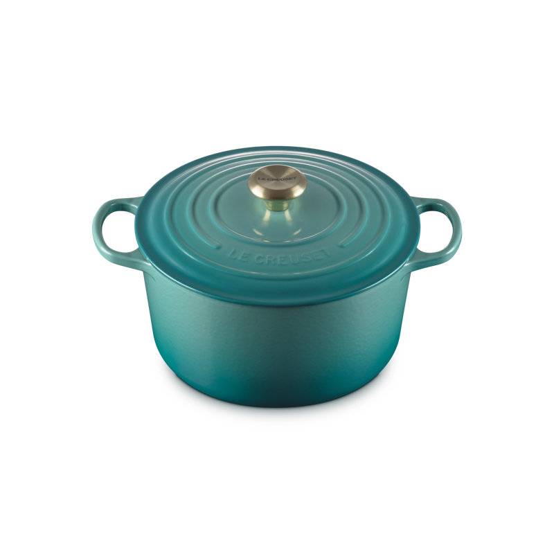 Le Creuset Signature Enaneled Cast Iron Deep Round Dutch Oven 6.5 Qt., Oyster, Blue Riviera, 6.5 quarts