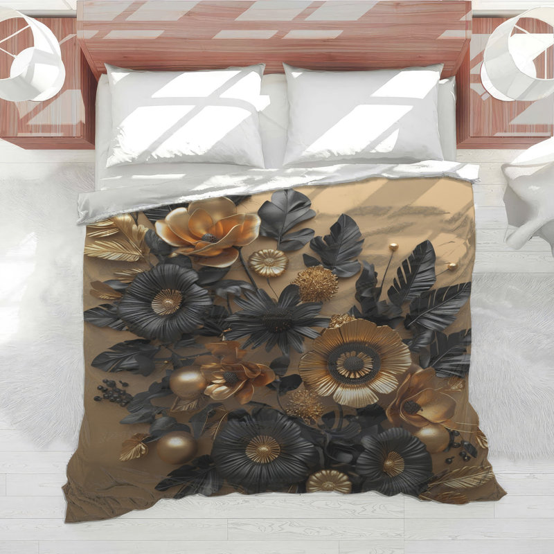 Gold Black Floral Arrangement Comforter, Très grand lit