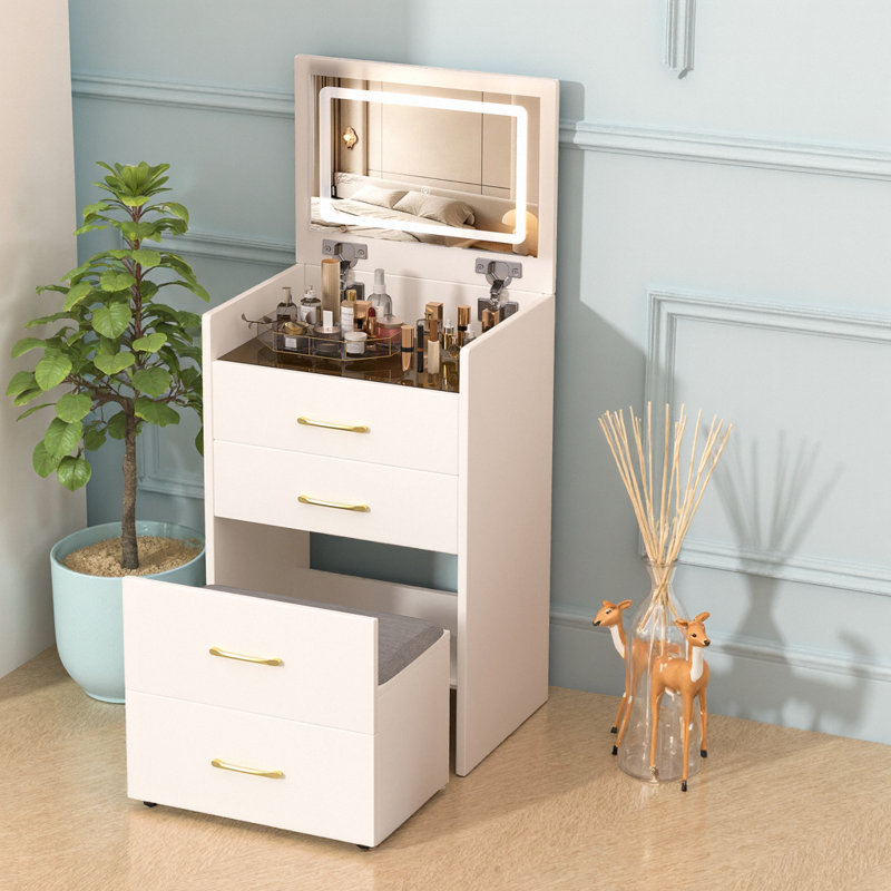 Meuble-lavabo 3 en 1 avec miroir rabattable, coiffeuse compacte avec 3 tiroirs
