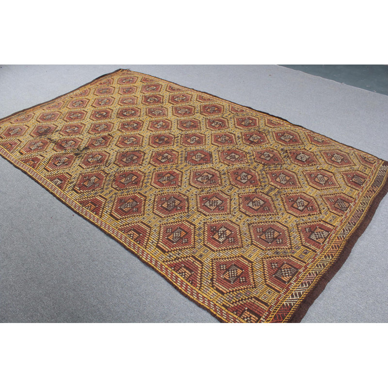 Grand tapis turc Oushak rétro avec broderie géométrique brune
