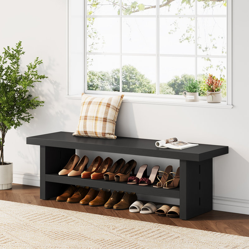Banc à chaussures en bois aggloméré de 47,24 po, banc d'entrée en bois à 2 niveaux, range-chaussures moderne, Noir