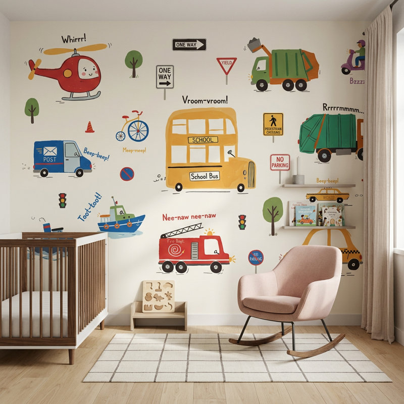 Adhésif mural transport scolaire, 120 po x 96 po, Peler et coller