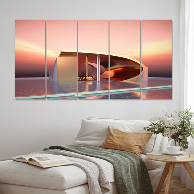 Futuristic Minimal Pink Architecture II - Futuristic Architecture Canvas Art Print - 5 Equal Panels
