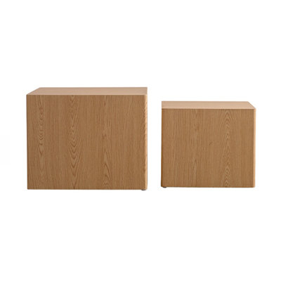 Set of 2 Natural Wood Nesting Cube Coffee Table Set, Modern MDF Wood Grain Sticker Side Tables for Small Spaces - Fully Assembled, Living Room/Bedroom End Tables