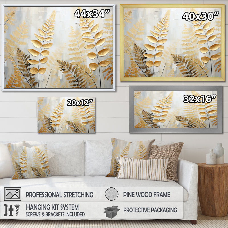 Fougères dorées Silent Getaway III sur toile, Cadre simple blanc, H 30 po x l 40 po x P 1,5 po