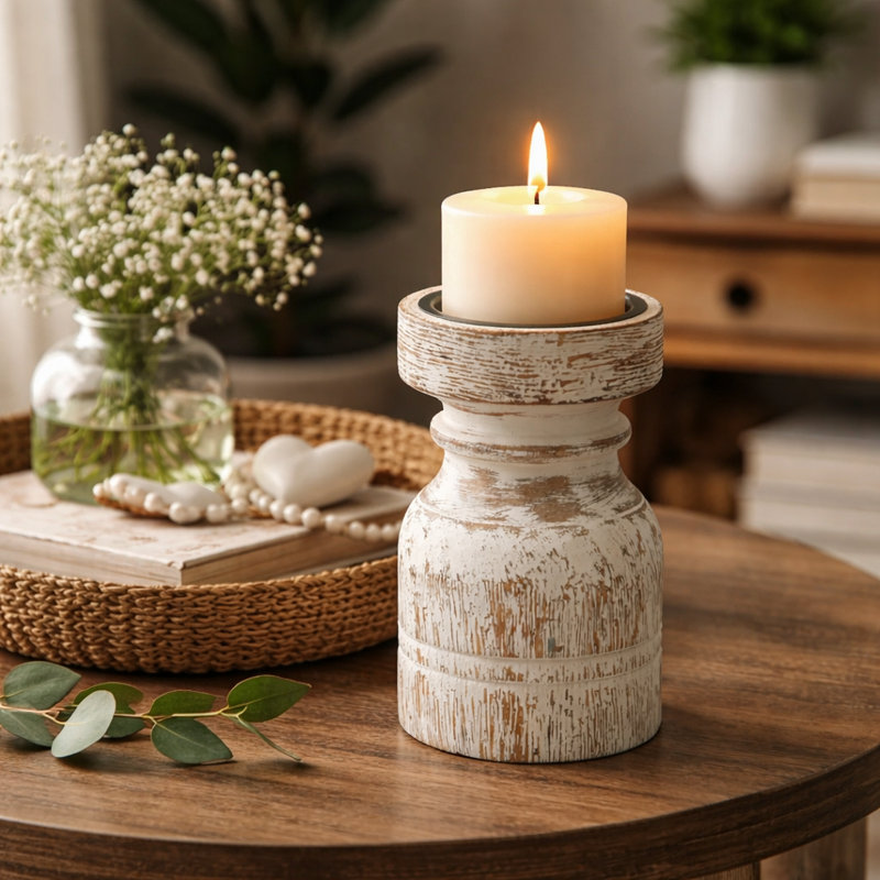 Porte-bougie en bois | Porte-bougie pilier en bois sculpté à la main | 6 pouces, H 6 po x l 3,5 po x P 3,5 po