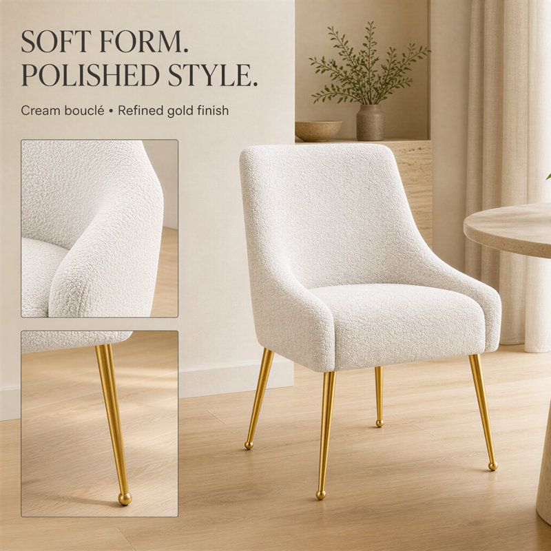 Ensemble de chaises de salle à manger Boucle, ensemble de 2 chaises rembourrées crème avec pieds dorés