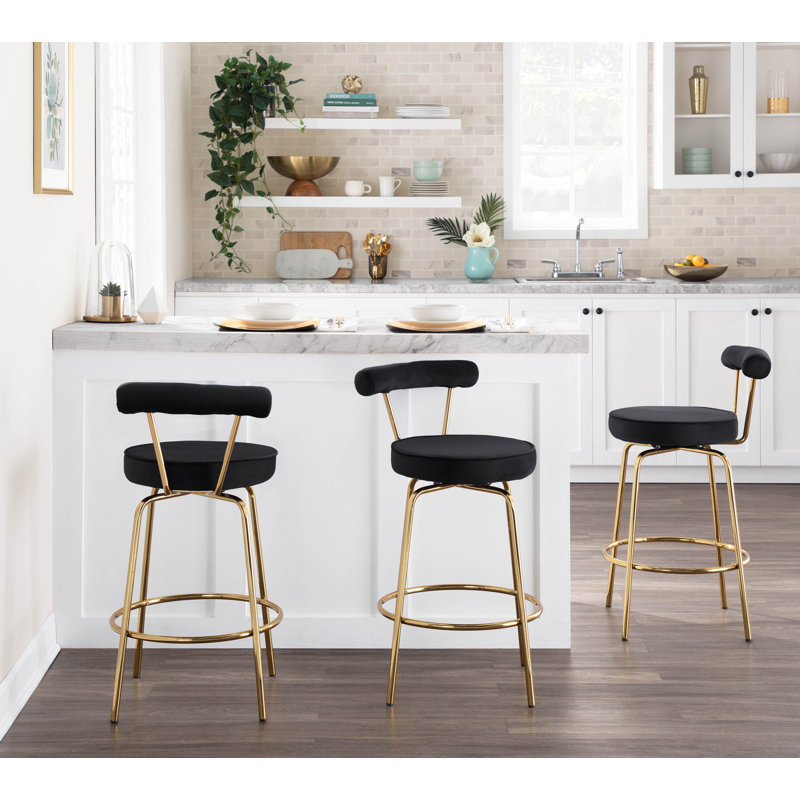 Kayson 25.5" Gold Swivel Upholstered Counter Stools, Black Velvet