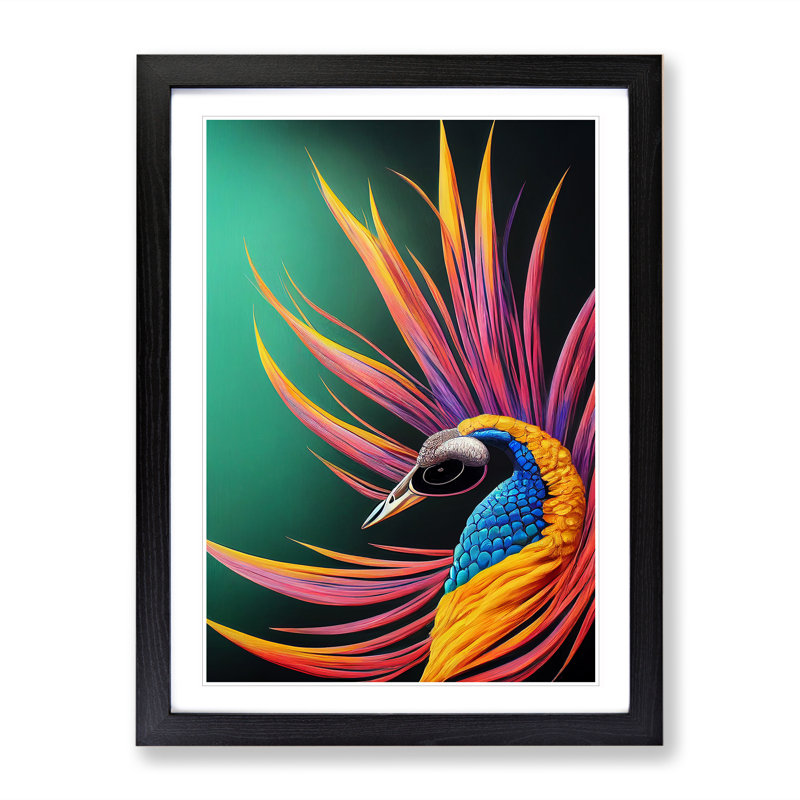 Bold Peacock Art No.5 - Wall Art, Black Framed, 36cm H x 27cm W x 2cm D, White