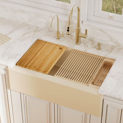Karran 34" Deep Apron Front Single Bowl Quartz Kitchen Sink Kit in Bisque