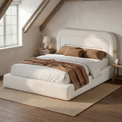Lit tapissier Boucle, base de lit pleine grandeur plateforme en nuage avec tête de lit rembourrée en éponge, coins arrondis doux, aucun sommier tapissier requis et assemblage facile