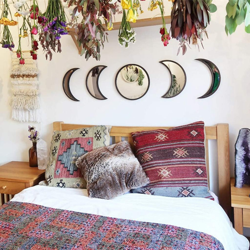 (Non-Mirror) Wall Decor 5-Piece Set, Moon Phase Wall Hanging With Bohemian Home Decor For Living Room & Bedroom