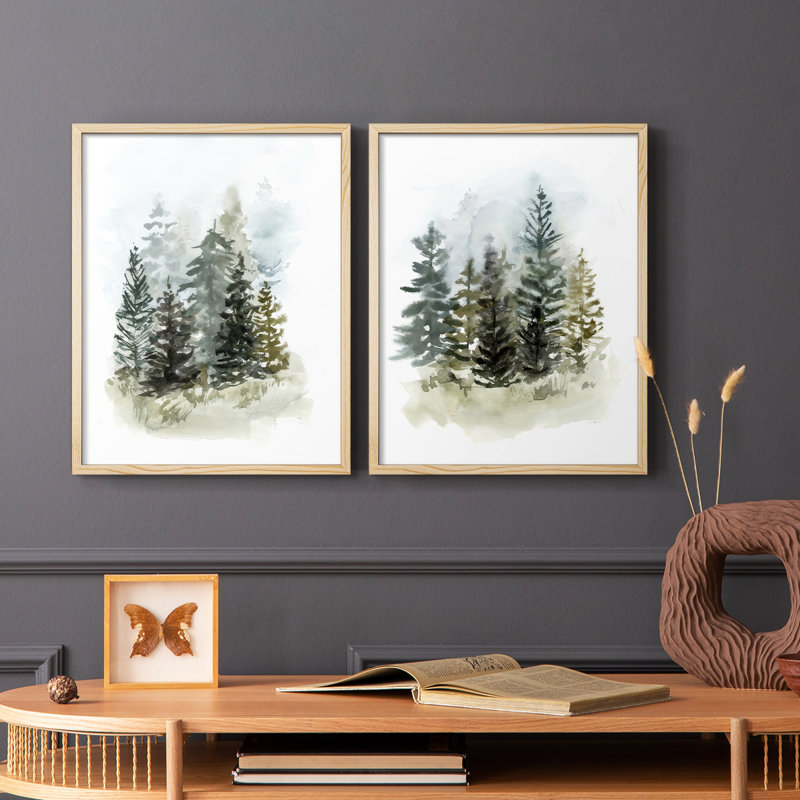 Impression encadrée Washy Treeline I-Premium - prête à être accrochée - aucun clou requis - aucun clou requis, Bois naturel