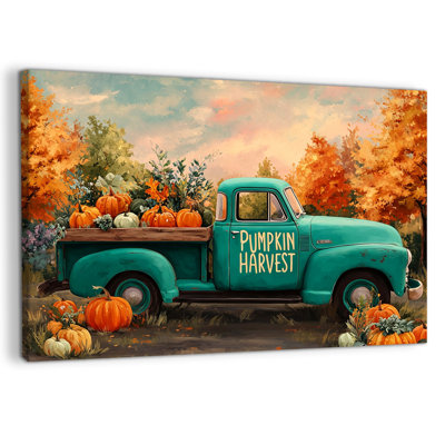 Fall Wall Art, Pumpkin Canvas Wall Art With Vintage Truck, Autumn Wall Art In Warm Orange And Teal, Rustic Farmhouse Fall Pictures Wall Decor For Living Room, Entryway, Or Dining Space, 36×48 in