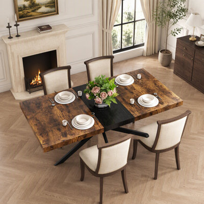 Table de salle à manger rectangulaire de 55,11 po à 70,86 po, plateau en bois antique et plaque en relief noir, table de salle à manger en fer fin noir avec pied en fer et boîte de rangement.