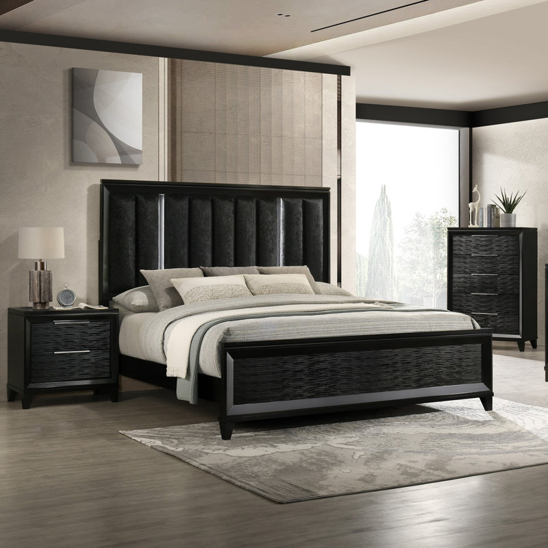 Meuble-lit tapissier à panneau très grand 1pc avec lumières DEL et tête de lit à finition noire en bois massif, King