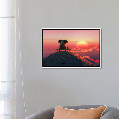 Reproduction d’art, "Elephant and Dog sit on a Mountain Top at Sunset" par Mike Kiev