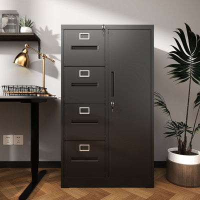 Black Metal Storage Cabinet, 4 Drawers, Interlocking System, High - Quality Material, Easy To Clean For Steel Cabinet With 1 Door, And Side Wardrobe, Clean, Ideal Bedroom