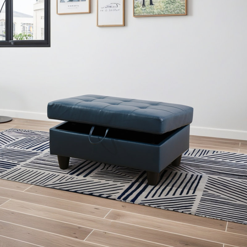 Faux Leather Ottoman, Black, Blue Faux Leather