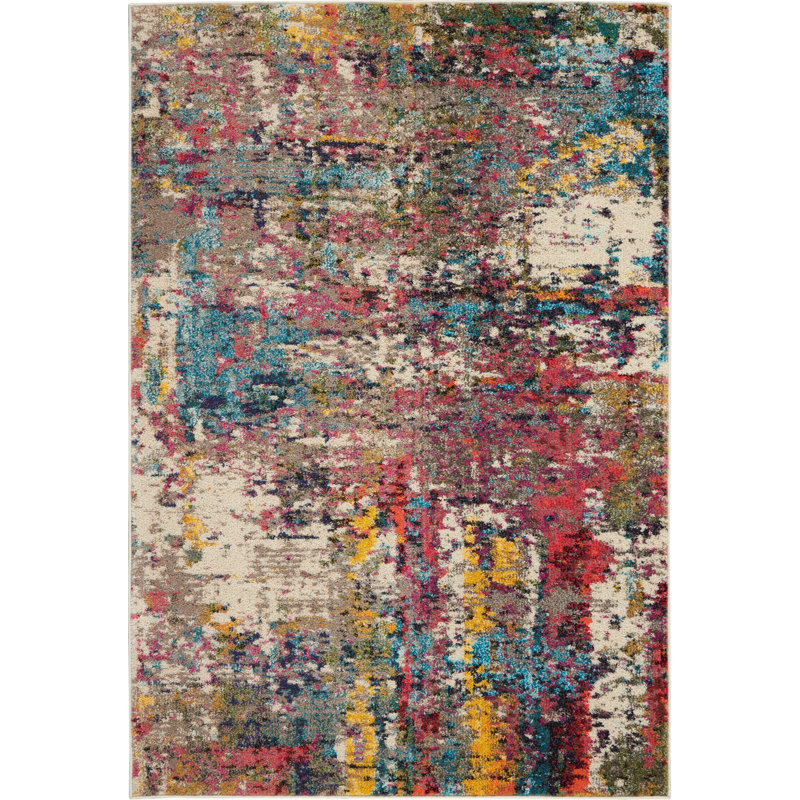 Ivory Abstract Synthetic 4'x6' Stain-Resistant Area Rug
