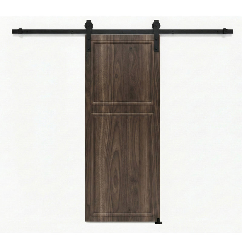 38 Series 40 po x 80 po Porte coulissante en panneau de fibres à densité moyenne de 2 panneaux de 3/4 de couleur noyer avec quincaillerie de porte de grange.