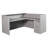 City View L-Shape Reception Station with Floating Glass Transaction Top and Storage, Grey Oak