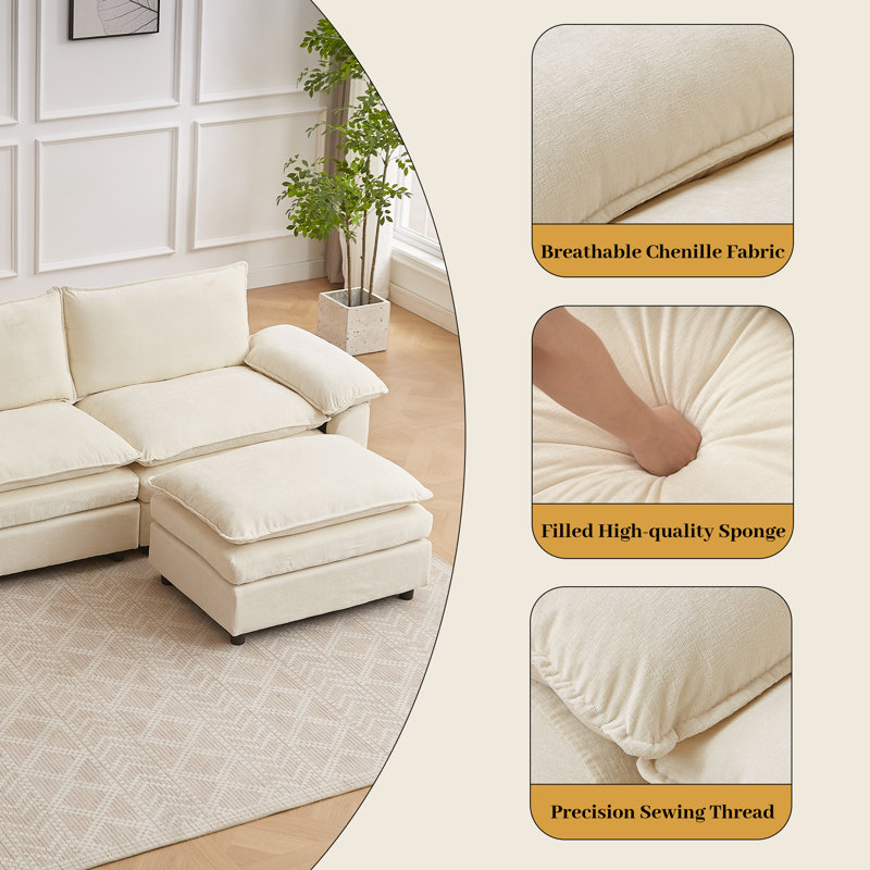 80.31" Chenille Upholstered Sofa, Comfy Cloud Couch with Ottoman, Beige