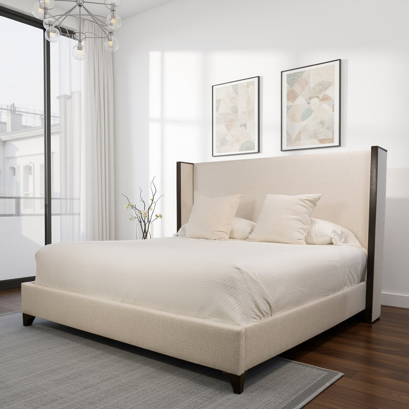 Megan Upholstered Wood Wing Plain, Off White, Queen