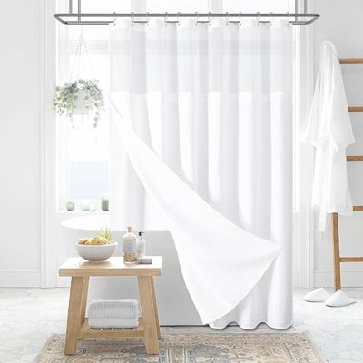 Rideau de douche en tissu avec doublure à encliqueter, rideaux de douche d'hôtel gaufré gris pour salle de bain, ensemble de doublure de rideau de douche lavable et imperméable en tissu avec crochets en plastique, fenêtre supérieure en filet, 72 x 7