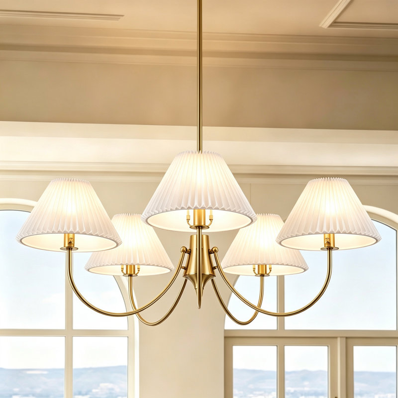 5-Light Transitional Pleated Fabric Pendant Light, Gold