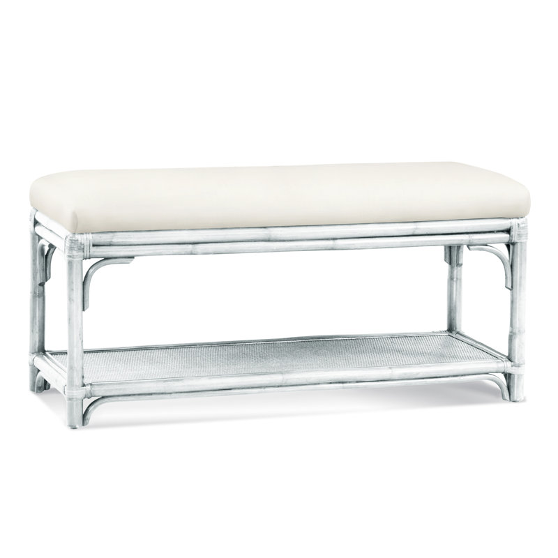 Summer Retreat Wicker Shelf Storage Bench, Frost White, Green and Blue Stripe; 0252-54