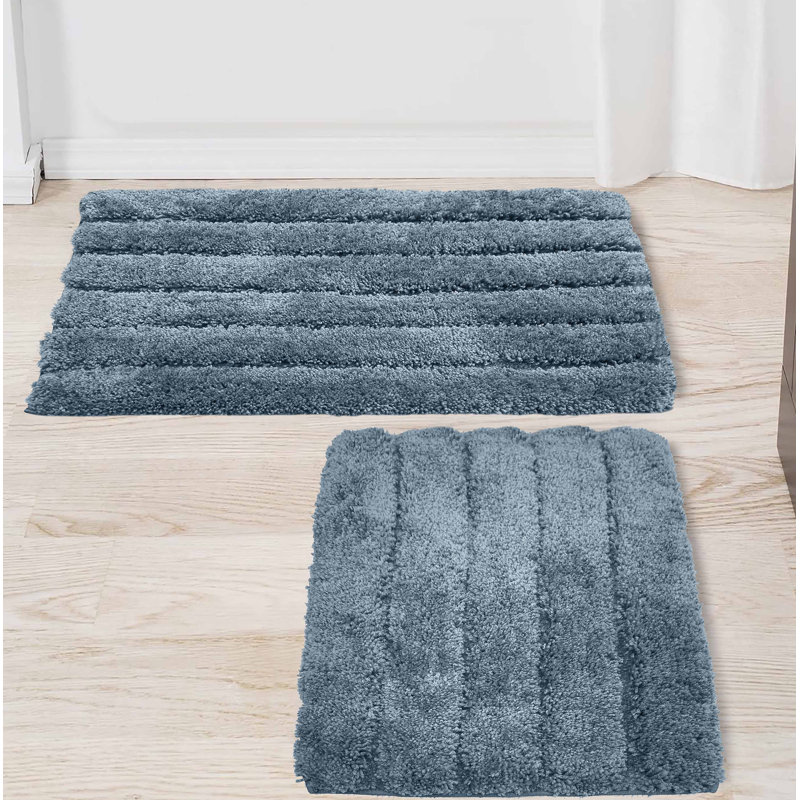 2 Piece Bath Mat Set - Ivory Solid Striped Bathroom Mat Soft Plush Thick, Bleu foncé