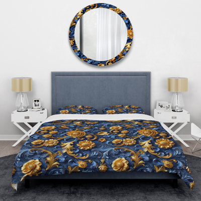 Ensemble de housse de couette doré et bleu damassé Glamour