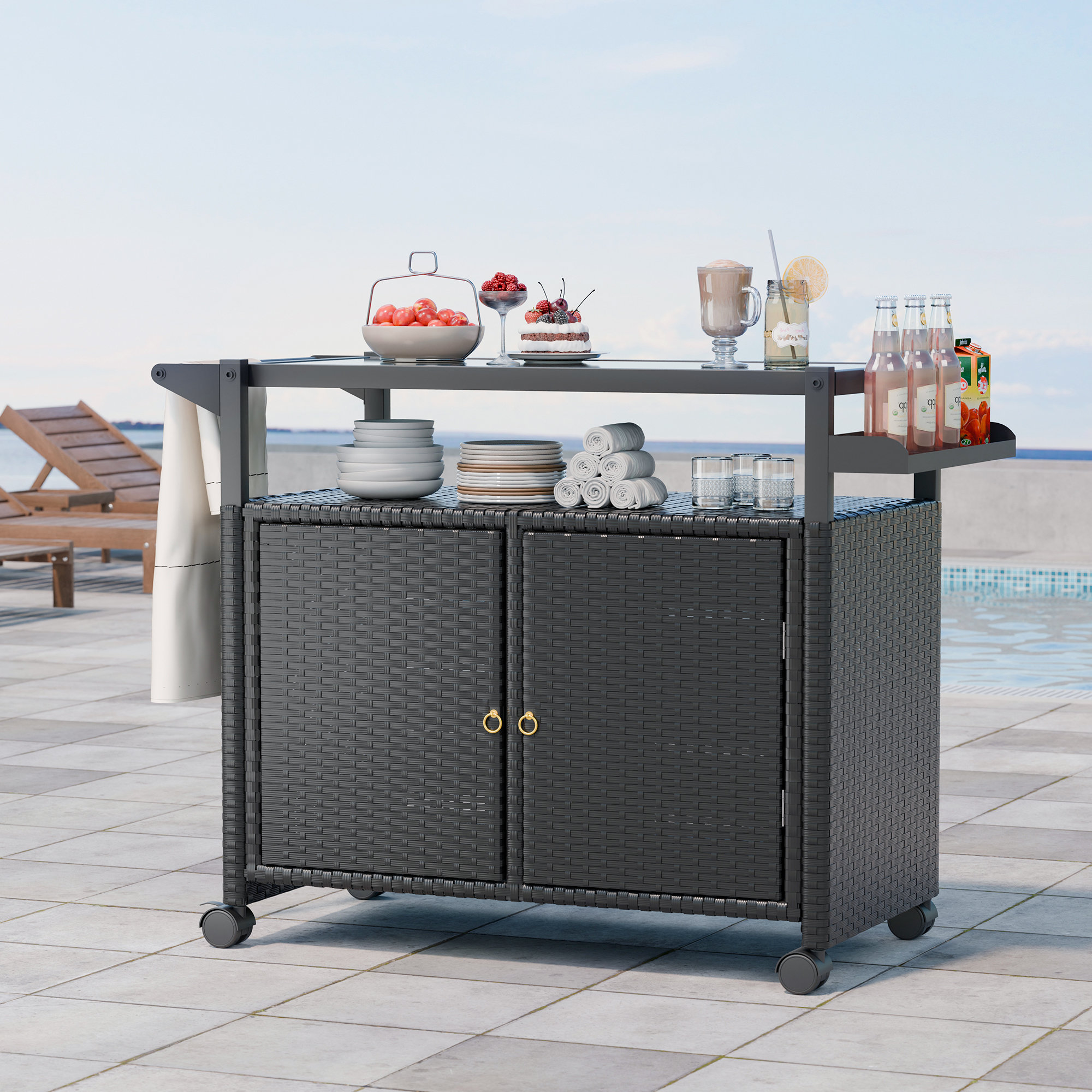 Red Barrel Studio® Wicker Bar Cart, Outdoor Kitchen Island Bar Table