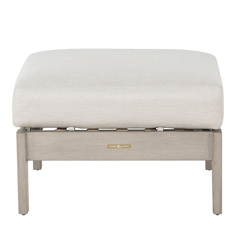 Kennebunkport Outdoor Ottoman with Cushion, No Welt, Linen Navy, Oyster
