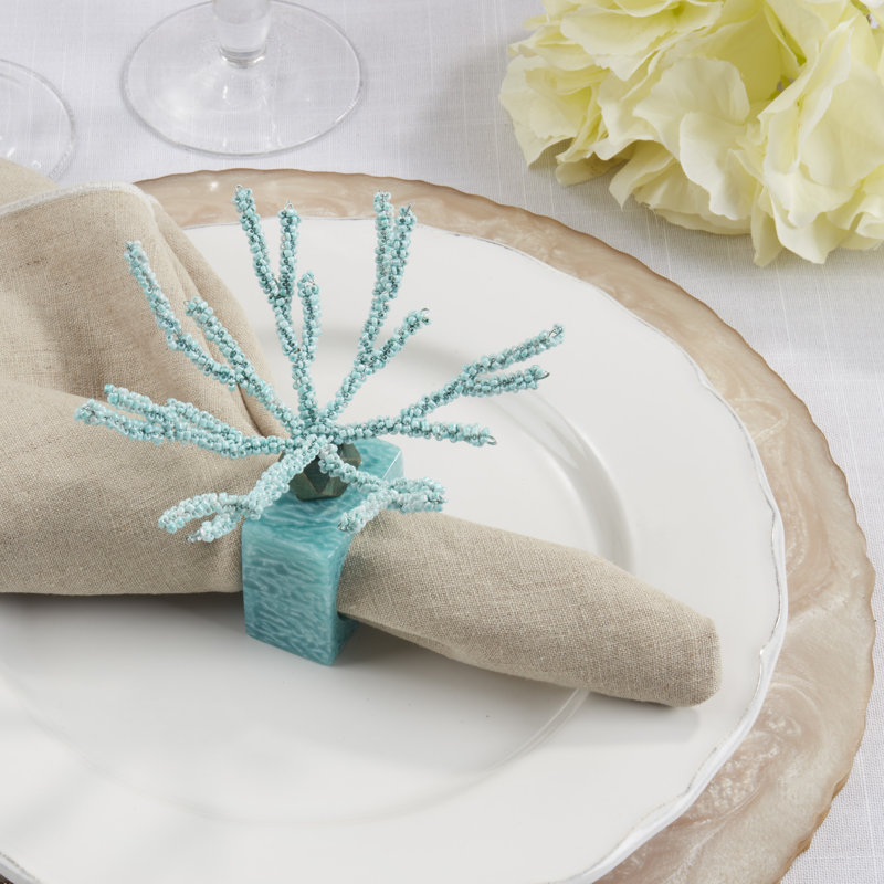 Aqua Beaded Coral Design Iron Napkin Rings, Set of 4