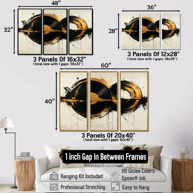 Cercle abstrait en tons de noir et or I - ensemble d'art mural formes abstraites, Toile avec cadre flottant brun